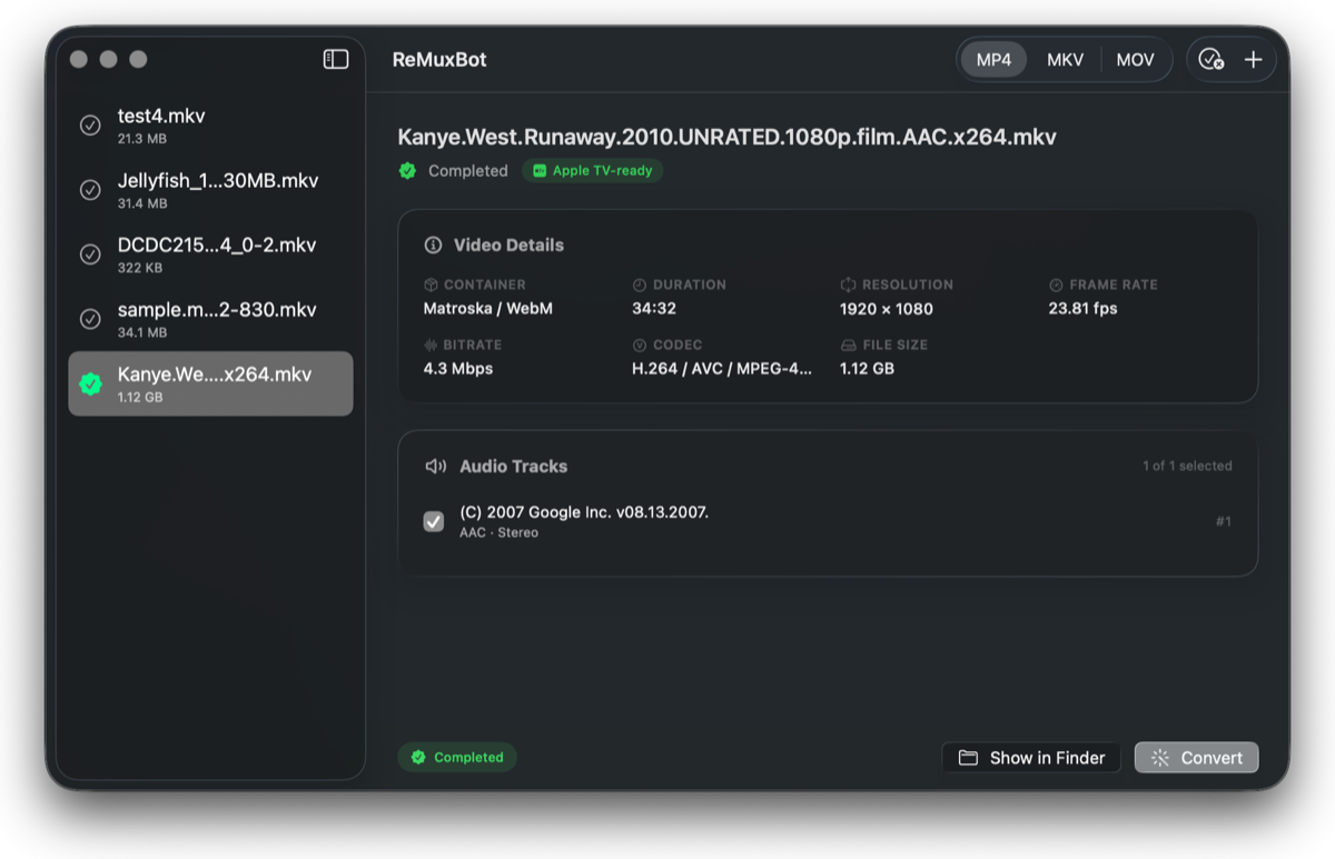 ReMux Bot converting an MKV file to MP4 on macOS